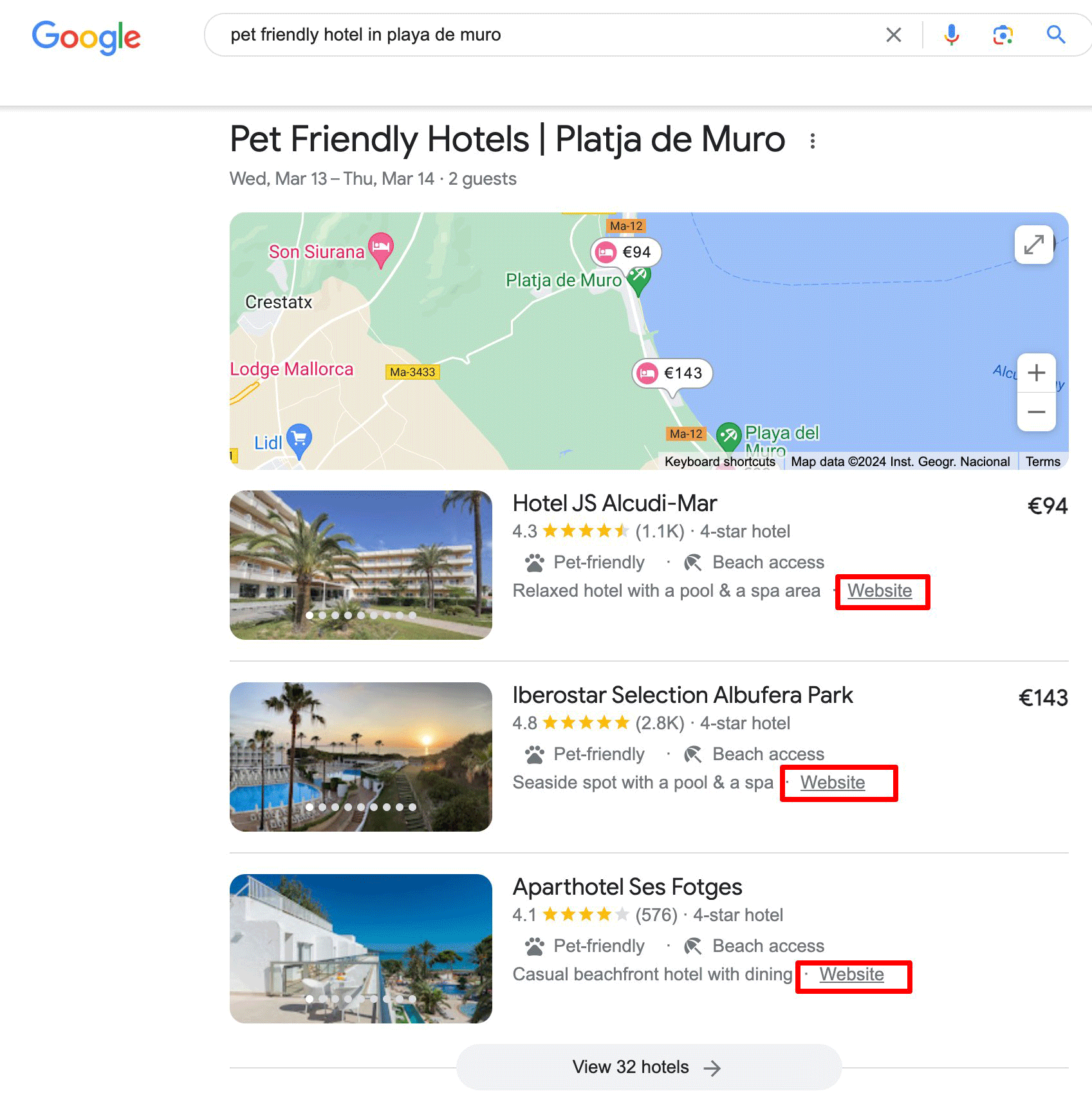 Résultats de l'hôtel Google avec des liens de site Web