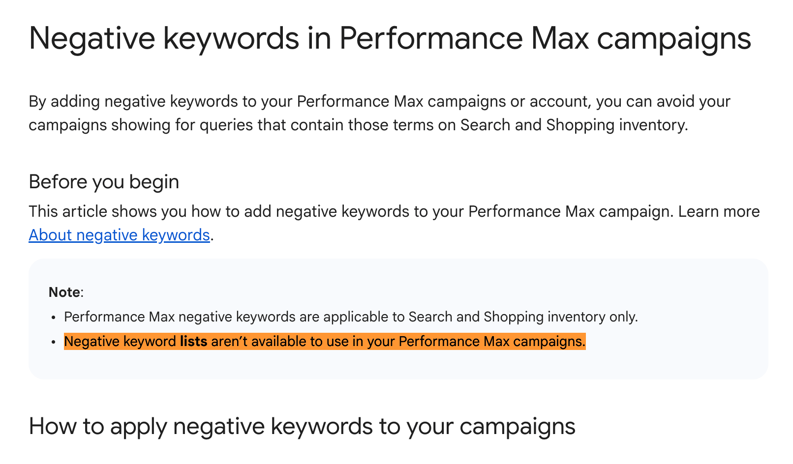Google ADS Mots-clés négatifs répertorie les campagnes PMAX