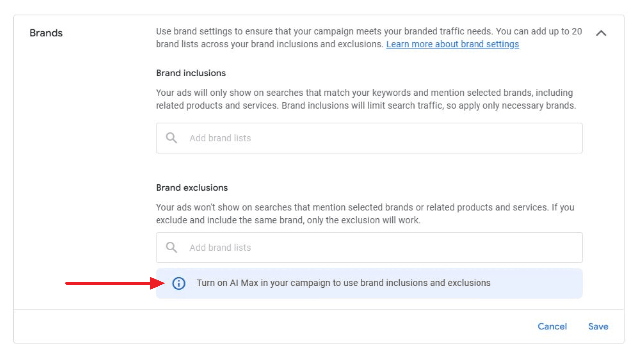 Inclusions de marque exclusions ai max