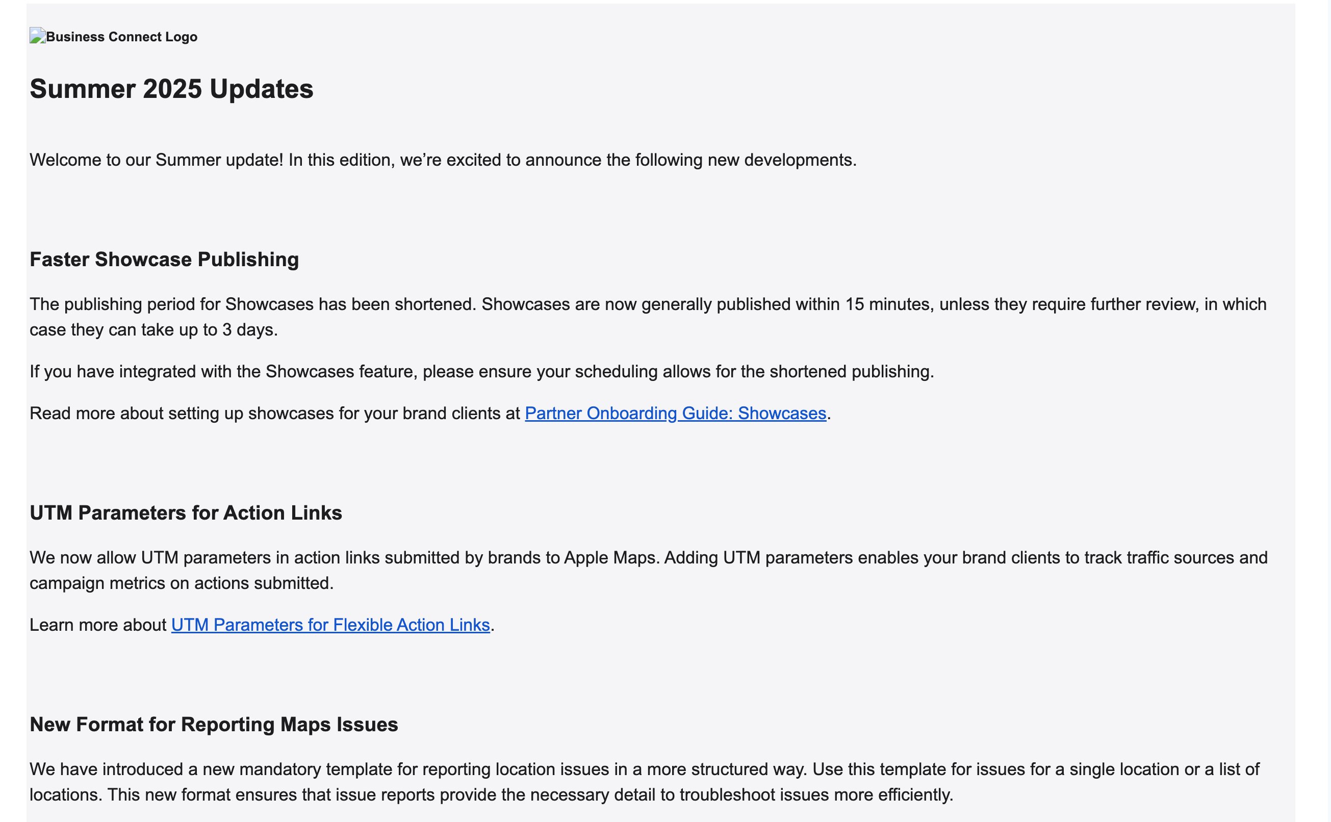 Apple Business Connect UTM Paramètres Liens d'action