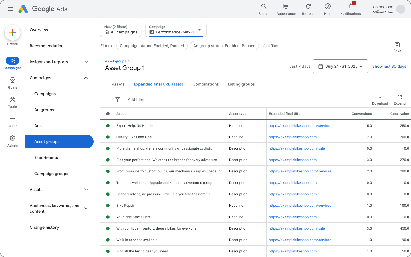 Groupe d'actifs PMAX Final URL