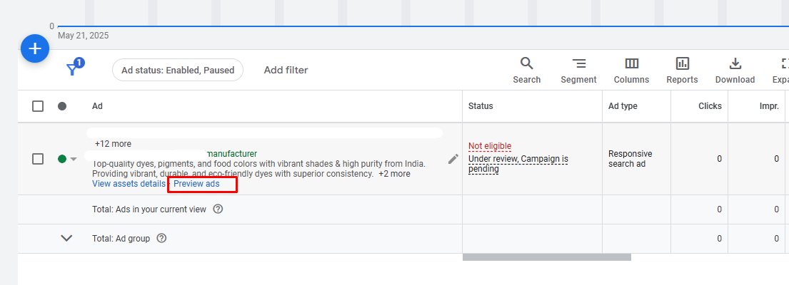 Bouton de prévisualisation des actifs Google ADS