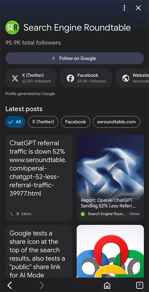 Petite page de suivi de l'entité éditeur Google Discover