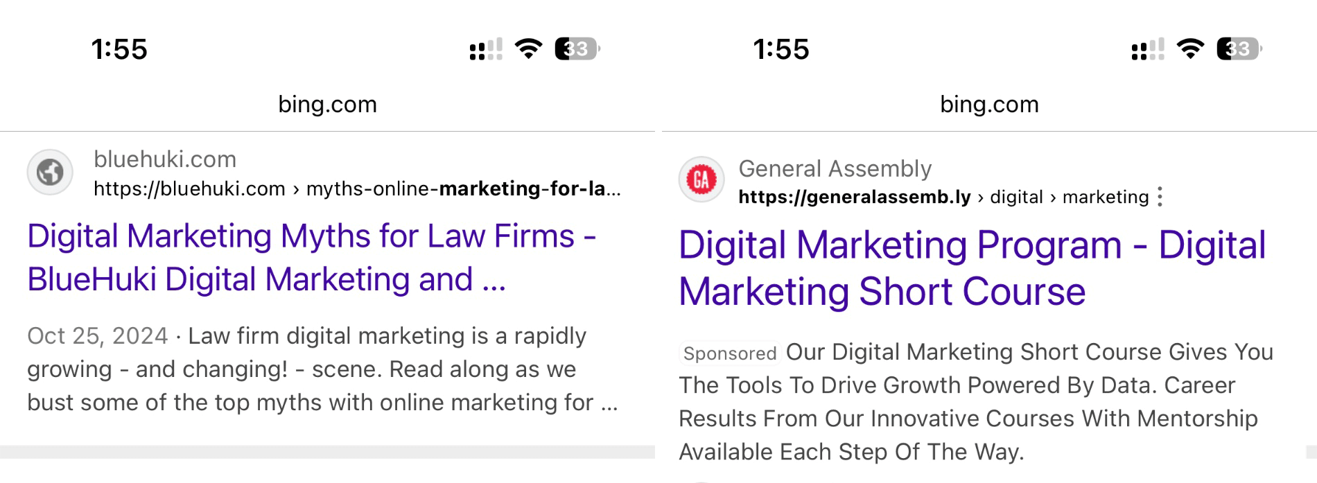Bing parrainée publicités plus grande police côte à côte