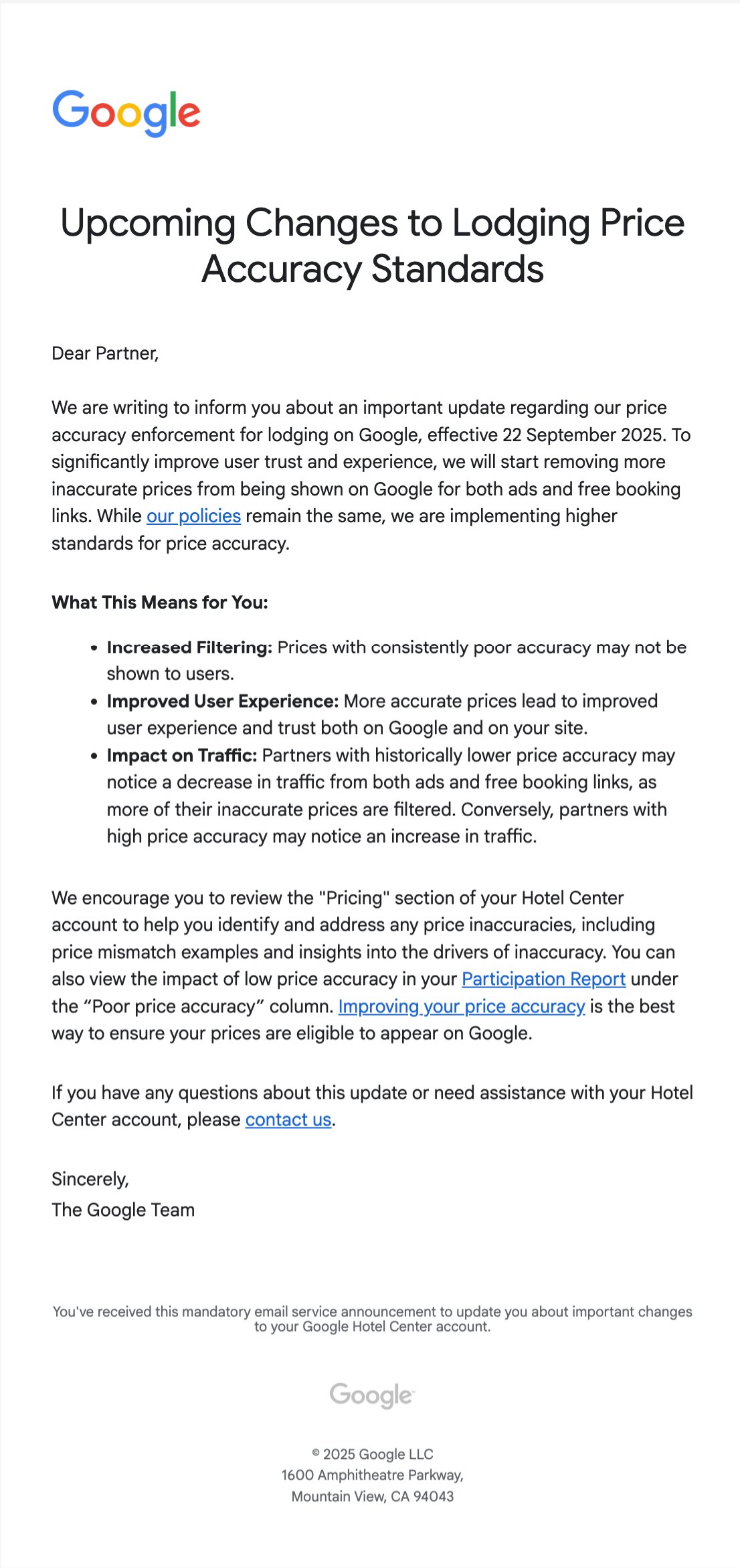 Google Hotel Center Enforcement sur la précision des prix