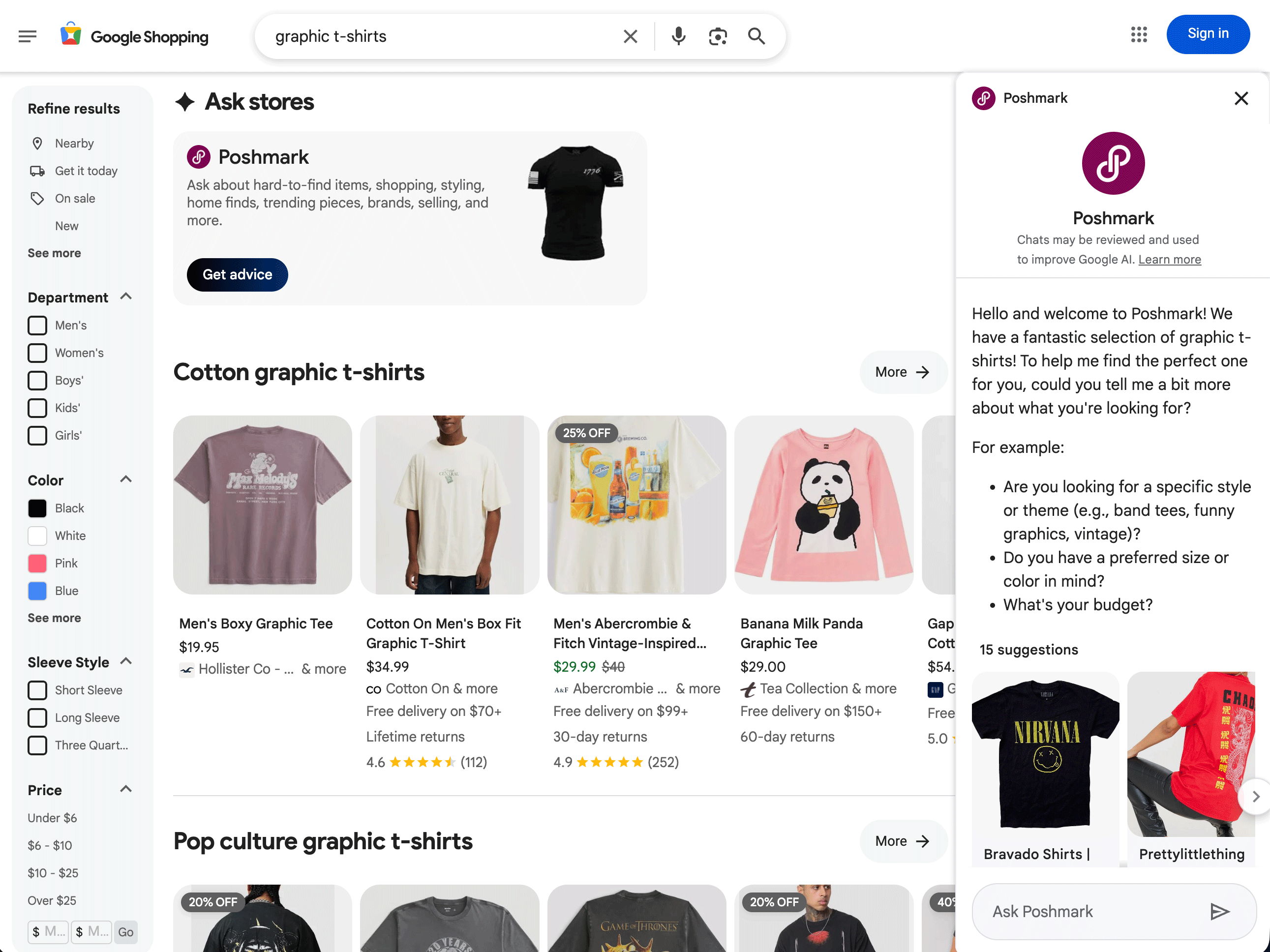 Google Shopping Demandez aux magasins Chat Open