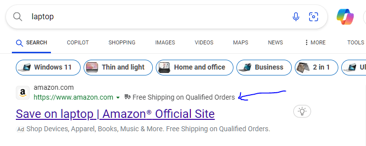 Bing AD Étiquette de livraison gratuite