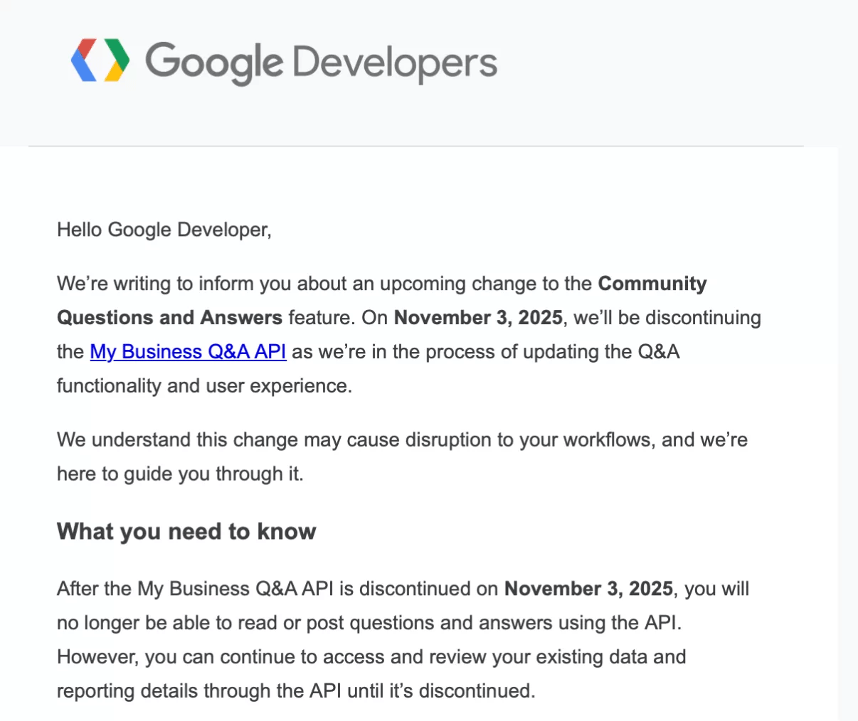 Email de l'API Google QA