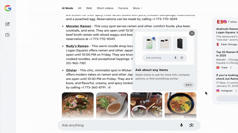 Google AI Mode Rendez-vous sur n'importe quel élément