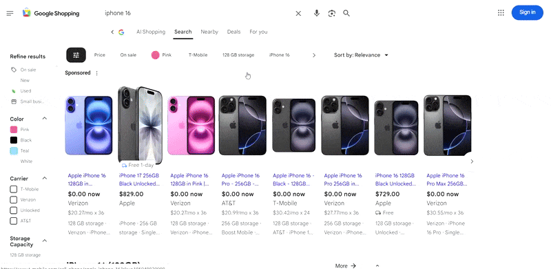Onglet d'achat de Test de Google AI