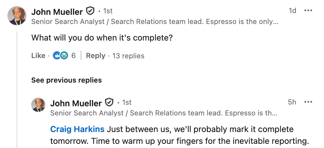 Commentaire de mise à jour du spam Johnmu