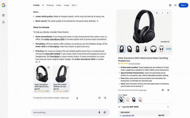 Google Ai Mode AI Généré de produit Génération des produits