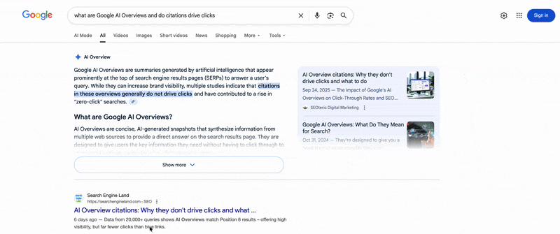Présentation de Google AI Citations collantes