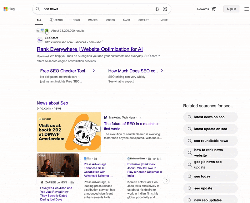 Ancres des favicons du site de recherche Bing