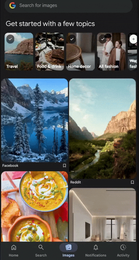Onglet Google Images Sujets de démarrage