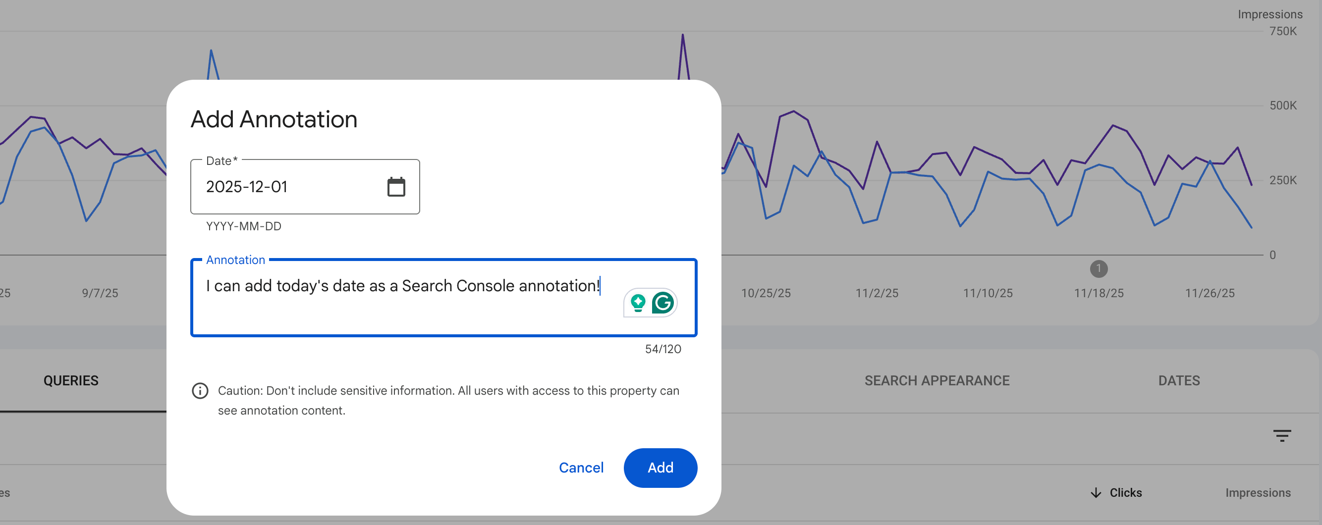 Annotation de la date actuelle de Gsc
