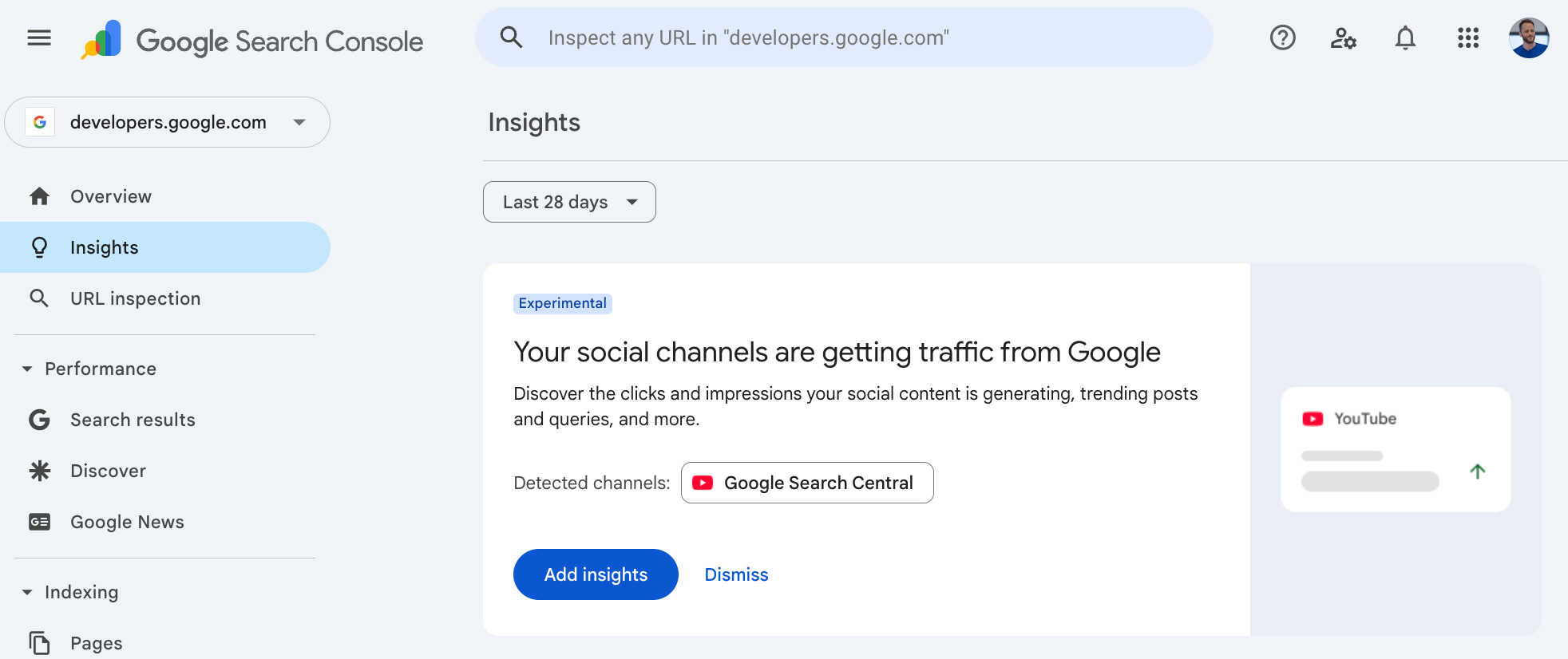 Canaux sociaux de Search Console Insights