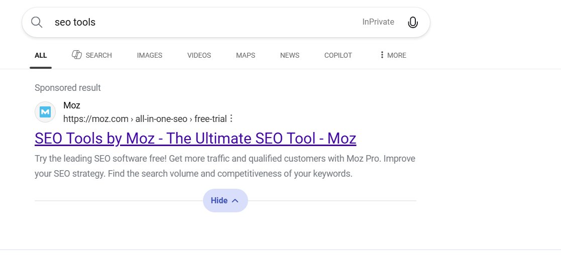 Tests Bing Masquer le bouton des résultats sponsorisés Masquer