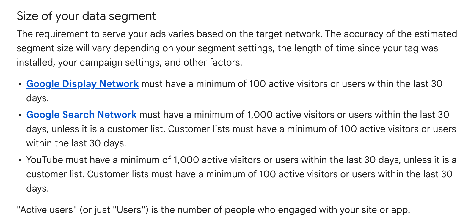 Ancien segment de données de taille Google Ads