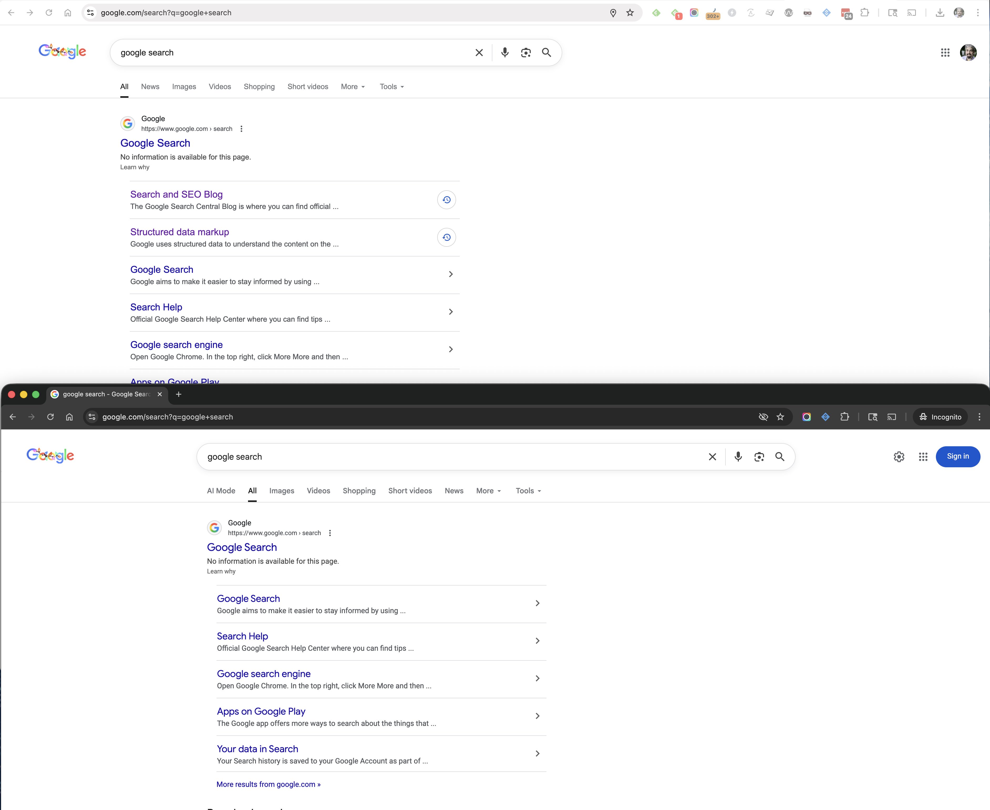 Résultats de recherche centrés par Google
