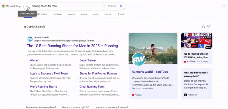 Section Plus de sources Bing