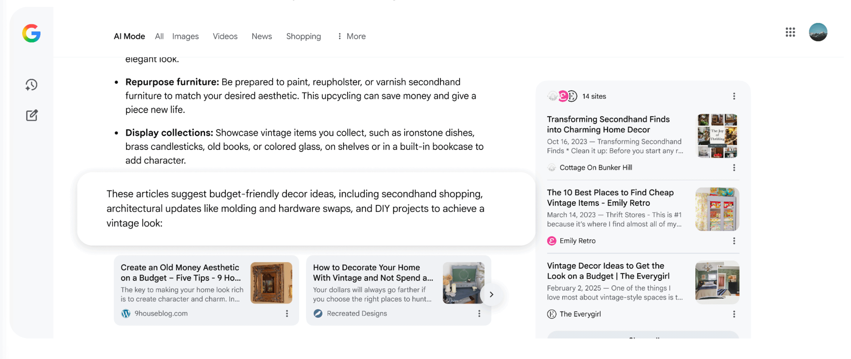Cartes de liaison du mode Google Ai
