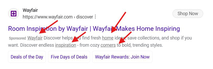Liens de description de l'extrait de code Bing Ads soulignés