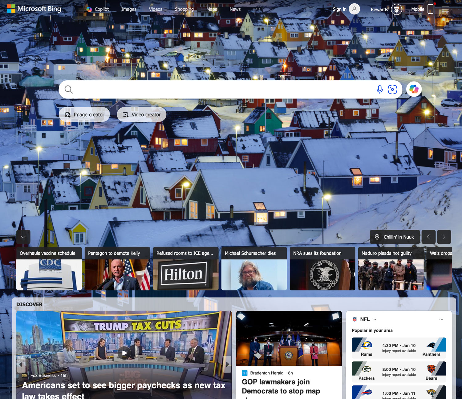 Page d'accueil actuelle de Bing