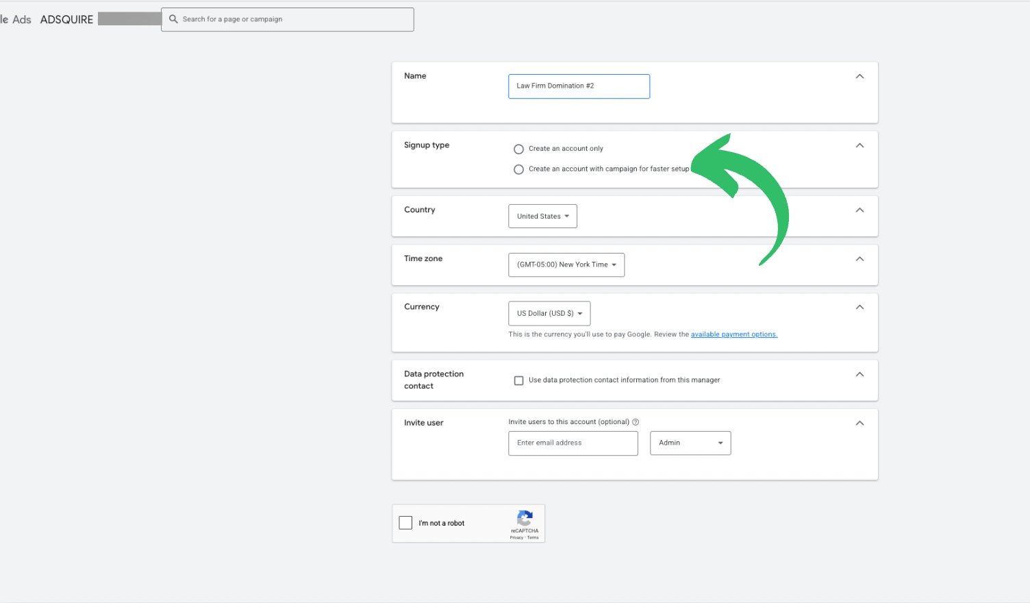 Google Ads crée un compte avec la campagne pour une configuration plus rapide