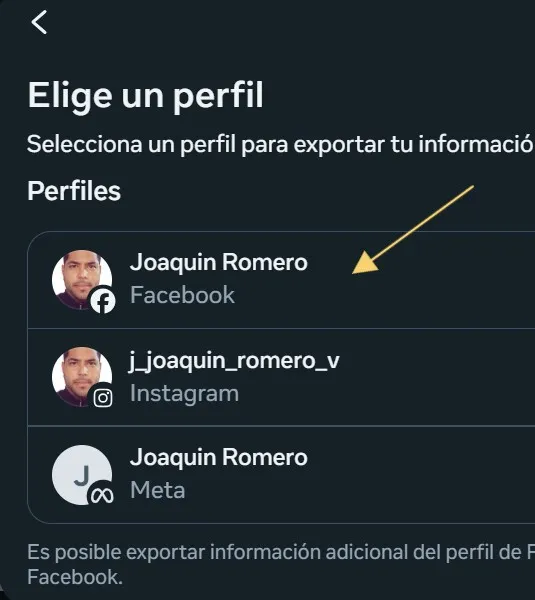 choisir le profil à exporter sur Facebook