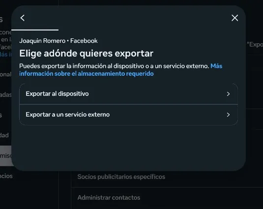 Choisissez le référentiel de données pour exporter les données Facebook