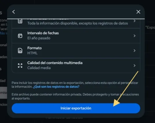 Démarrer l'exportation de données sur Facebook