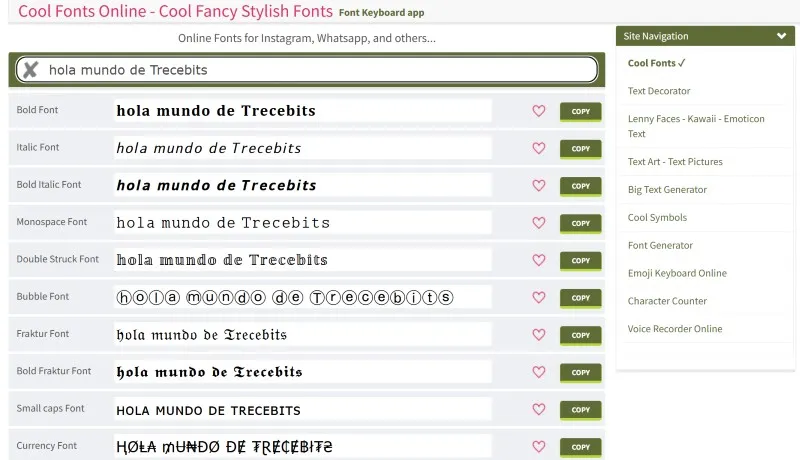 coolfonts en ligne pour générer des polices pour modifier la biographie et les textes sur Instagram