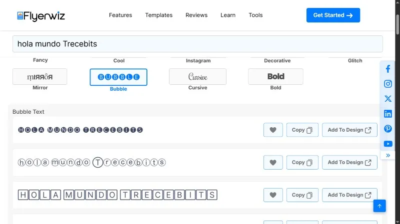 Site Web flyerwiz pour générer des polices pour changer la bio et les textes sur Instagram