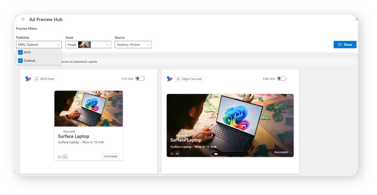 Centre de prévisualisation des publicités Microsoft Advertising
