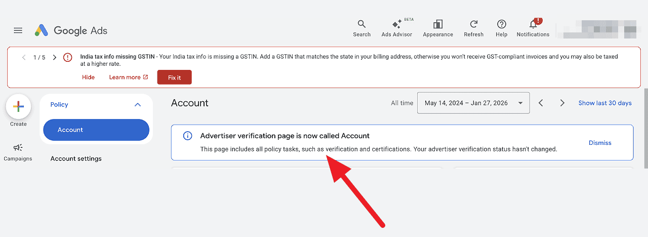 Compte de vérification des annonceurs Google Ads