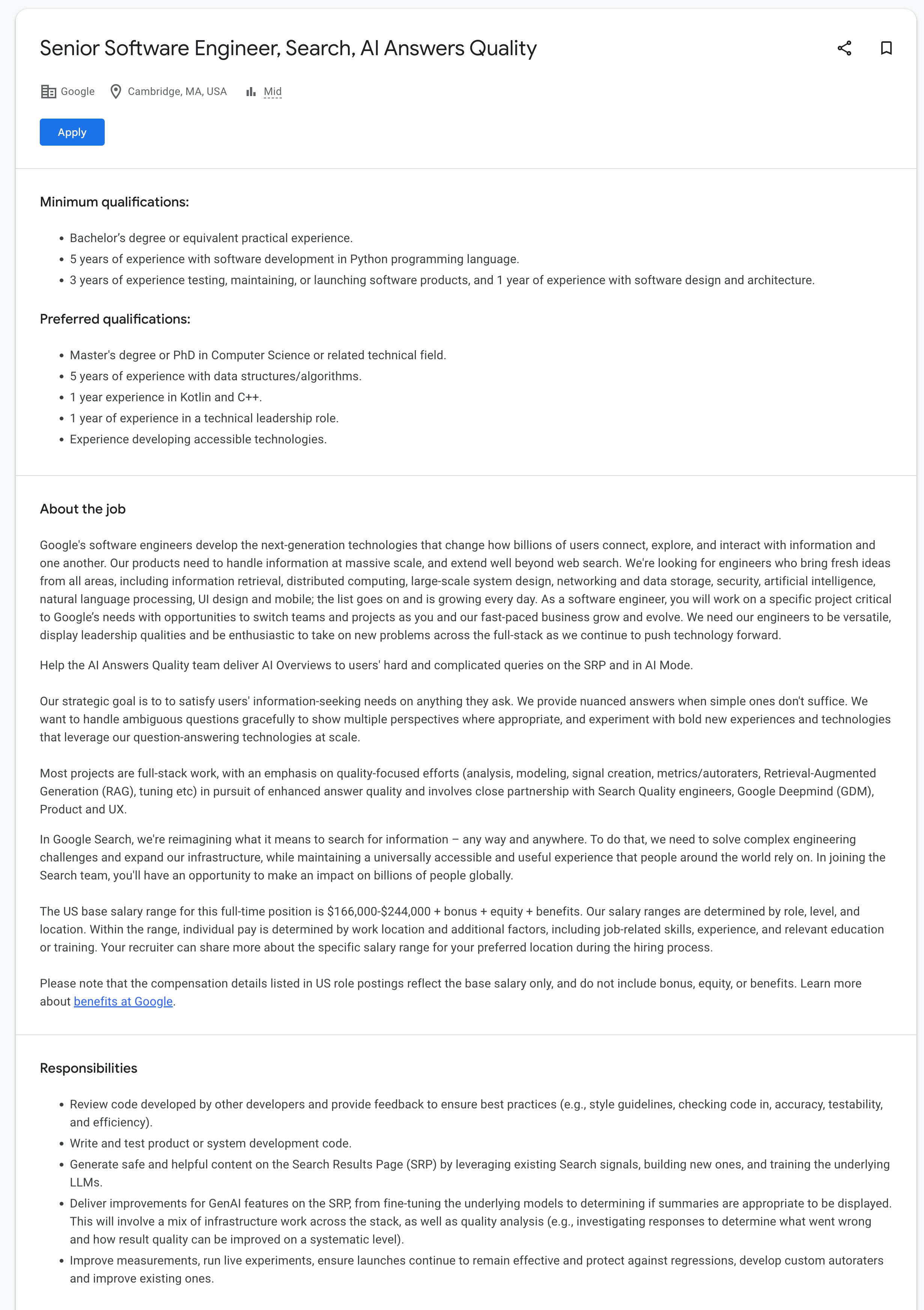 Capture d'écran du poste d'ingénieur Google Ai
