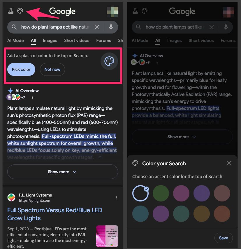 Recherche Google Ajouter une touche de couleur complète