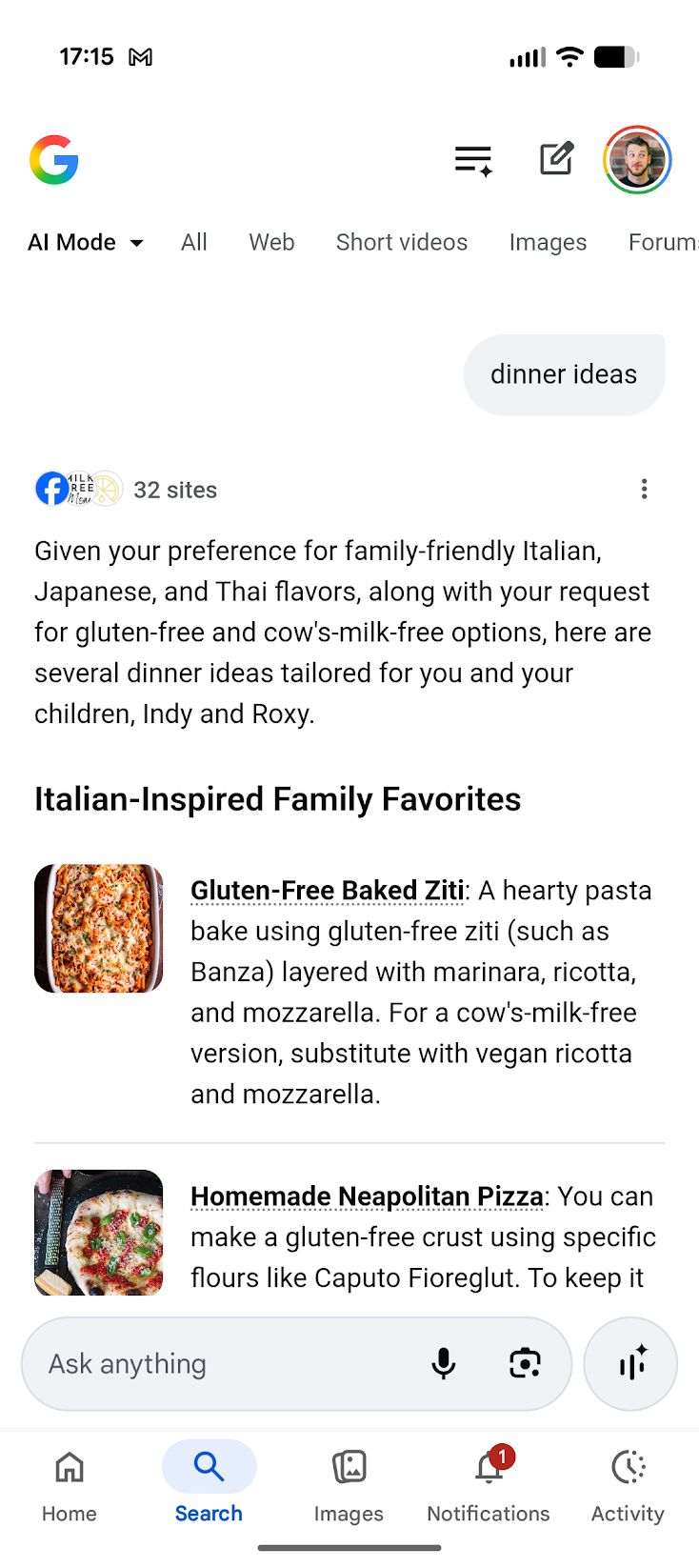 Liens Google dans les aperçus des recettes Ai