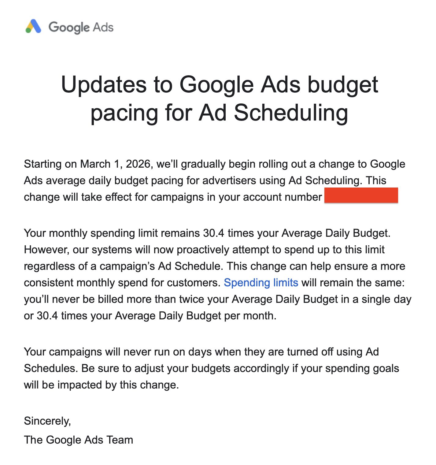 Optimisation du budget Google Ads pour l'e-mail de mise à jour de la planification des annonces