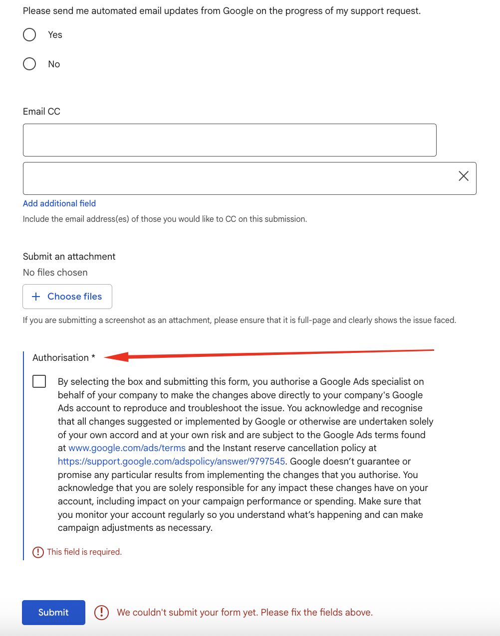 Autorisation du formulaire d'assistance Google Ads