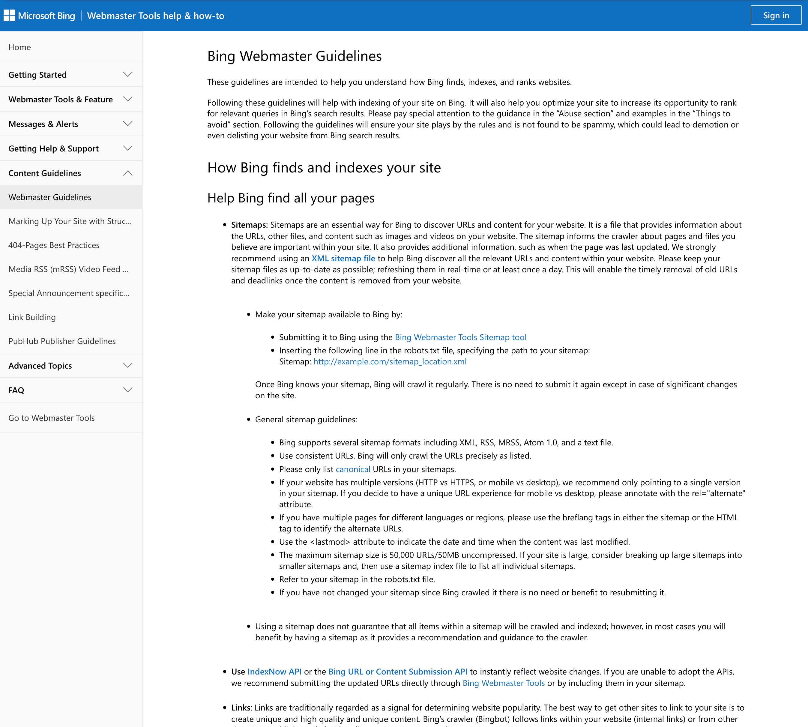Anciennes directives aux webmasters de Bing