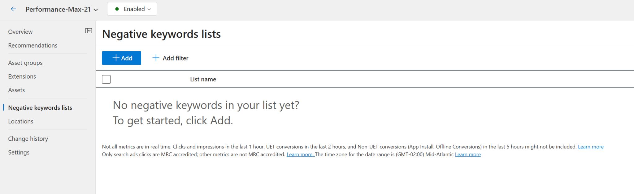 Listes de mots clés à exclure Microsoft Advertising