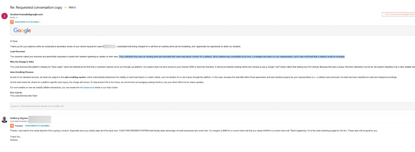 Annonces de service local Google E-mail d'appel d'un client existant