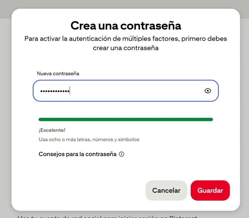 Sécurité du mot de passe pour activer la vérification à deux facteurs sur Pinterest