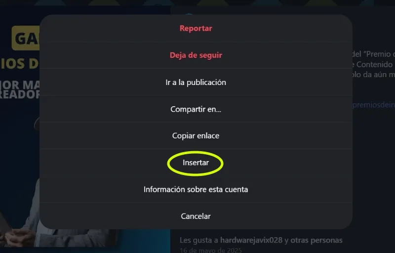 Fonctionnalité d'insertion de publication Instagram