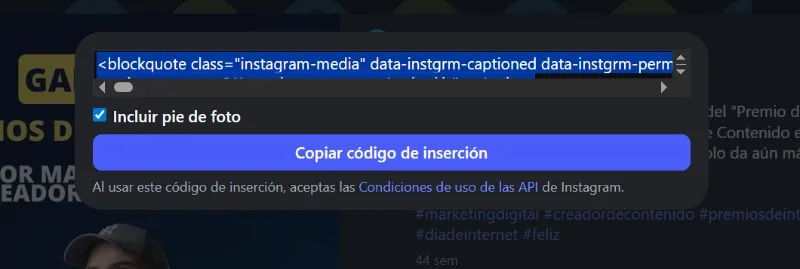 copier le code d'intégration Instagram