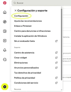 Menu des paramètres Pinterest sur le Web pour activer la vérification à deux facteurs