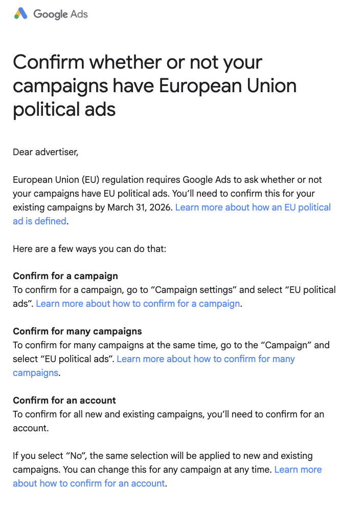 Avis Google Ads concernant les publicités politiques de l'Union européenne