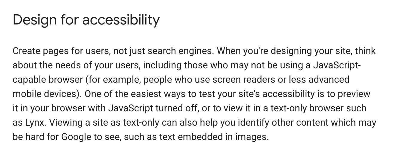 Section d'accessibilité de Google Javascript